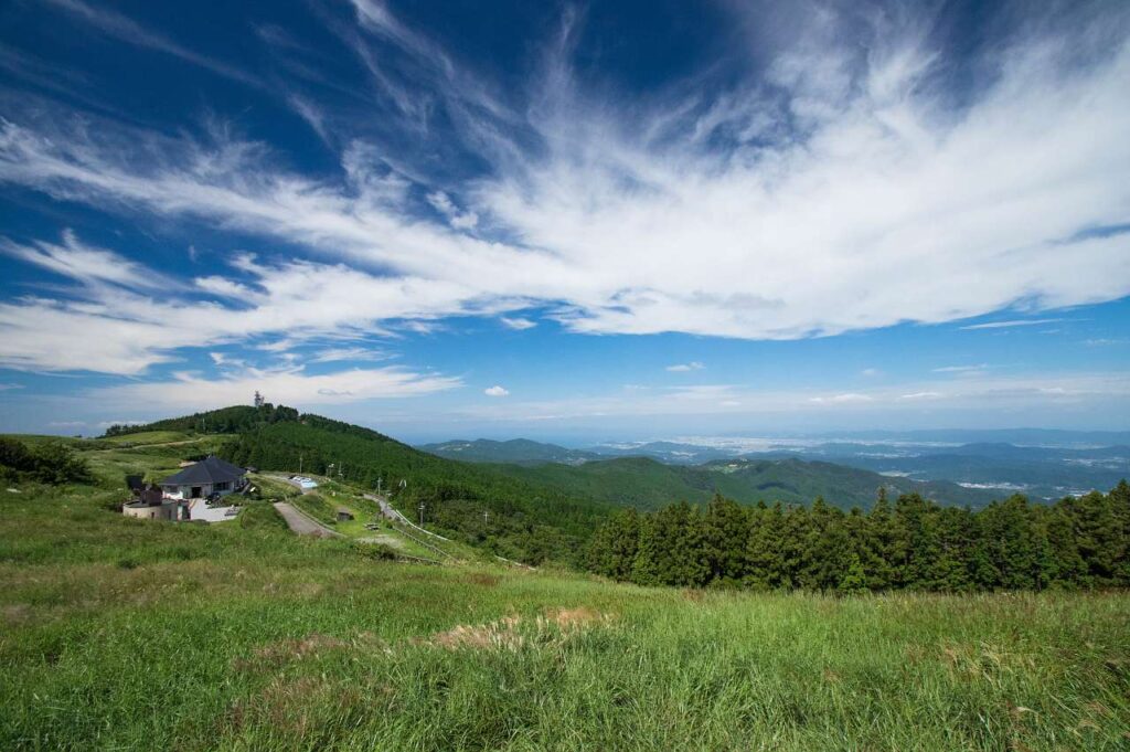 展望台から「山の家おいし」とその向こうの和歌山市や海を望む風景写真